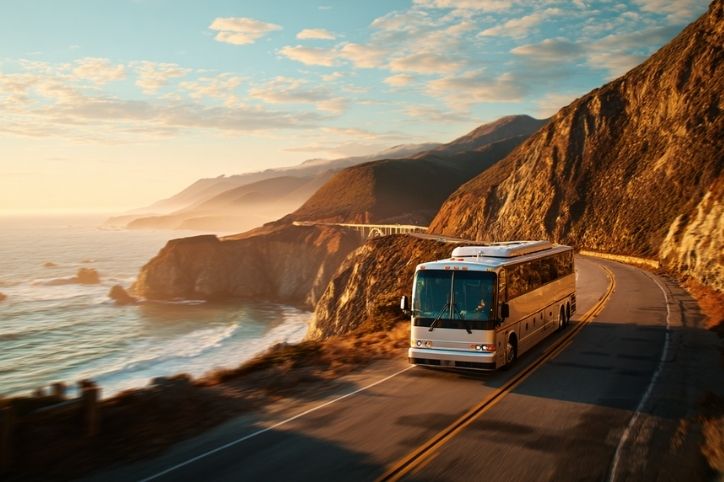 A tour bus on highway in california