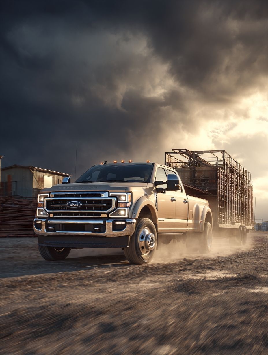 ford f350 hauling construction equipment on dirt road